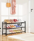 Space Saver Expandable Shoe Rack 18.5 To 33 Inches Wide 3 Tier Metal Shoe Organizer with shoes in entryway