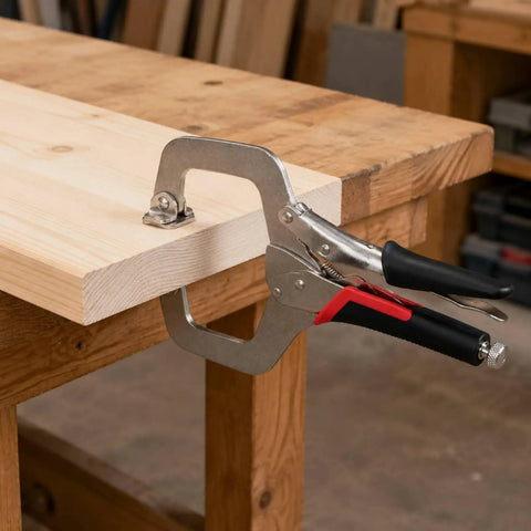 Heavy Duty Locking Clamp Plier 14 Inch With Adjustable Screw For A Beefy Non Slip Grip And Precise Holding Built For Repeated Repairs Home Improvements And Workshop Projects Delivering Fast Reliable Lockdown Power on wood board