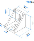 Diagram of durable aluminum extrusion corner bracket with dimensions for 30 Series T slot rails, highlighting heavy-duty and rust-resistant design.