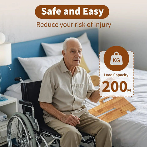 Heavy Duty Slide Transfer Board With Swivel Turntable For Wheelchair To Bed Or Toilet Relocation showing an elderly man holding the board, indoors.