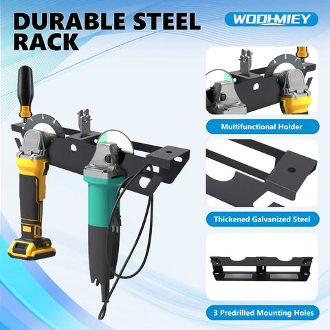 Angle Grinder Holder Wall Mount With Two Bay Storage Rack showcasing mounted corded tools on heavy-duty steel frame.