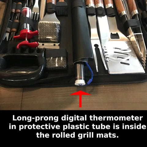 Heavy Duty 35 Piece BBQ Grill Tools Set In Stainless Steel With Case Includes Meat Thermometer Injector Claws Mats Spatula