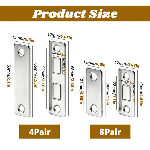 No Drill Magnetic Cabinet Door Catch Set with stainless steel latches, product size dimensions for 8 short and 4 long magnets display