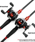 Baitcasting Fishing Rod And Reel Combo 6 Foot Or 7 Foot Two Piece Fiberglass Wrapped Carbon Fiber Rod With EVA Handle Right Hand Reel Durable No Fuss Easy To Use For Medium To Heavy Species, showing both left and right hand reels side by side.