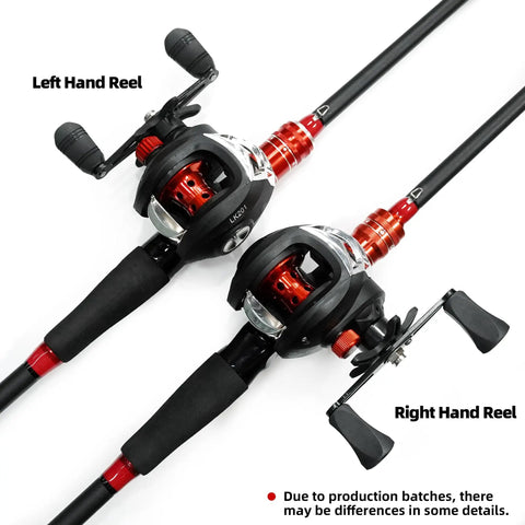 Baitcasting Fishing Rod And Reel Combo 6 Foot Or 7 Foot Two Piece Fiberglass Wrapped Carbon Fiber Rod With EVA Handle Right Hand Reel Durable No Fuss Easy To Use For Medium To Heavy Species, showing both left and right hand reels side by side.