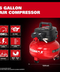 6 Gallon Pancake Air Compressor 150 PSI Portable Oil Free With 10 Piece Accessory Kit shown with features and dimensions