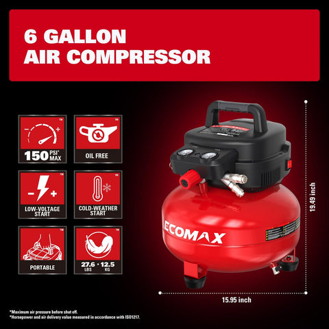 6 Gallon Pancake Air Compressor 150 PSI Portable Oil Free With 10 Piece Accessory Kit shown with features and dimensions