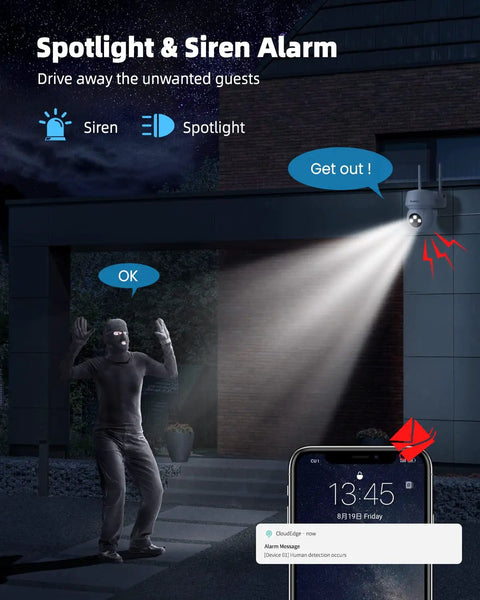 Outdoor PTZ Security Camera With 360 View, 2K Pan Tilt Dome Surveillance showing smart siren and spotlight alarm in action