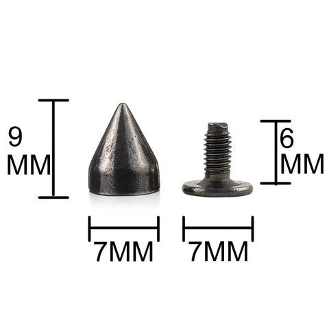 Heavy Duty 100 Piece Gunmetal Cone Spike And Rivet Screw Kit For Badass Leathercraft Diy Rockin Punk Style Clothing Shoe Belt Bag Adornments Solid Build Heavy Duty Fasteners showing 9mm spike and 7mm screw.