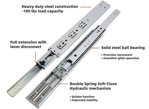 22 Inch Double Spring Soft Close Drawer Slides Full Extension Ball Bearing 100 Lb Capacity Heavy Duty Kitchen Cabinet Glides detail view