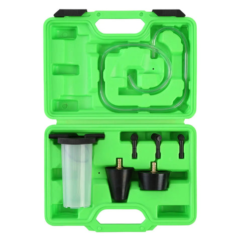 Open green case showing Power Steering And Brake Bleeder Kit For Air Removal After Fluid Changes Vacuum Adapter Kit For Reservoir Bleeding Works With Most Pumps And Systems For Fast Setup And Consistent Bleed Performance.