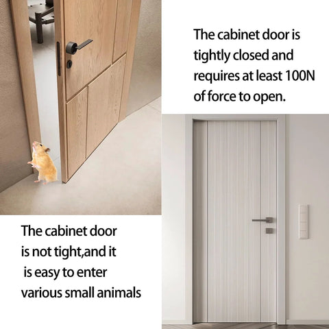Two doors with a mouse beside an open wooden door; text about door tightness and animal entry.