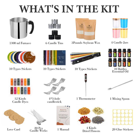 Beginner Friendly DIY Soy Candle Making Kit With Melting Pot, 10 Jars And Tins, 10 Scents, Color Dyes, Dried Flowers, Thermometer