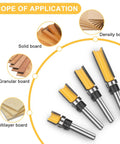 Smooth Operator 4 Piece 1/4 Inch Shank Flush Trim Router Bit Set With Bottom Bearings And Quick Swap Blades for various board types.