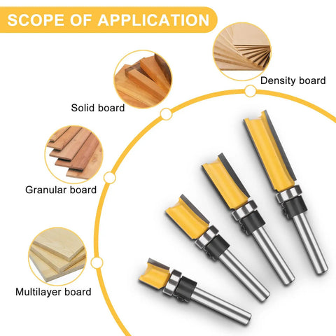 Smooth Operator 4 Piece 1/4 Inch Shank Flush Trim Router Bit Set With Bottom Bearings And Quick Swap Blades for various board types.