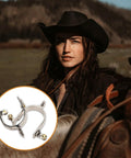 Cowboy on horseback with zoom-in on 2 Pack Stainless Steel Western Cowboy Spurs With Rotating Gear For Men And Women Hand Carved Floral Inlays Vintage Western Style For Horse Lovers And Riding Enthusiasts Durable Riding Gear.