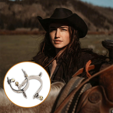 Cowboy on horseback with zoom-in on 2 Pack Stainless Steel Western Cowboy Spurs With Rotating Gear For Men And Women Hand Carved Floral Inlays Vintage Western Style For Horse Lovers And Riding Enthusiasts Durable Riding Gear.
