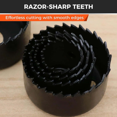 Hole saw kit, 8-piece set, black metal circular blades stacked together