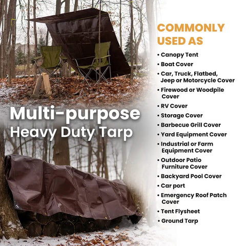 Heavy Duty Poly Tarp Cover Built Tough With 16 Mil And 10 Mil Thickness Grommets And Reinforced Edges True To Size 20x20 Ft All Weather Outdoor Tarp In Brown White Silver Black For Rain Wind Snow UV shown in outdoor forest setup with chairs and logs.