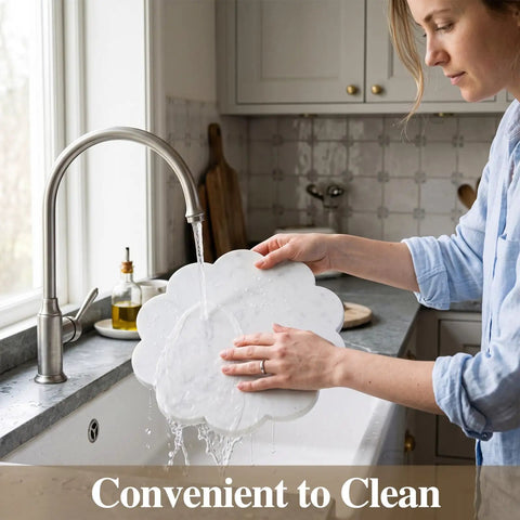 Woman cleaning 10 Inch Scalloped Marble Lazy Susan Hella Smooth Spinning Kitchen Turntable For Spices Oils And Condiments in sink.