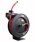 Auto Rewind Retractable Air Hose Reel With Twenty Five Feet Of Three Eighths Inch Hose And Brass Fittings In Black And Red