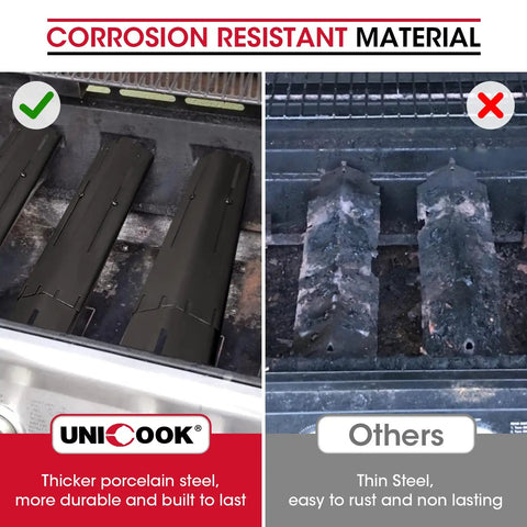 Comparison of Heavy Duty Adjustable Porcelain Steel Gas Grill Heat Plate Shield and rusted thin steel