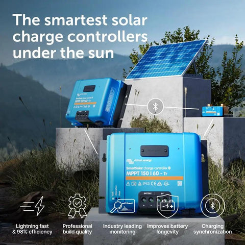Smart Solar MPPT Charge Controller With Bluetooth For 12 24 36 And 48 Volt Systems 150V 60 Amp shown with solar panel