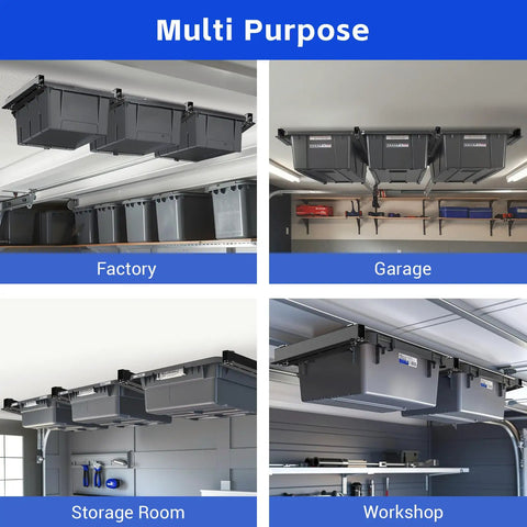 Six Pack Overhead Storage Rack For Garage Ceilings, Ceiling Bin Organizer in various settings like factory and workshop
