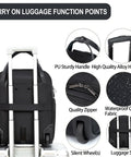 Underseat Carry On With Wheels 16 Inch Lightweight Rolling Weekender Bag For Men And Women Fits Under Airline Seats Water Resistant Durable Polyester Travel Luggage For Quick Trips And Business Trips Your Go To Travel Buddy showing features like PU handle, zippers, wheels, and quilted fabric.
