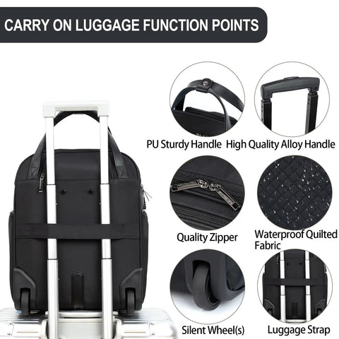 Underseat Carry On With Wheels 16 Inch Lightweight Rolling Weekender Bag For Men And Women Fits Under Airline Seats Water Resistant Durable Polyester Travel Luggage For Quick Trips And Business Trips Your Go To Travel Buddy showing features like PU handle, zippers, wheels, and quilted fabric.