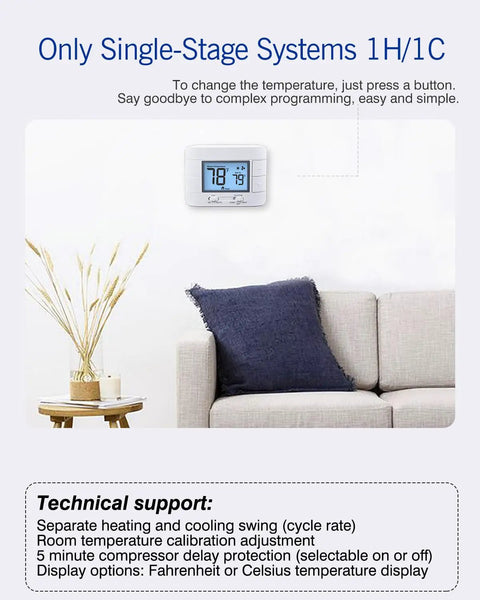 Room with No Fuss Non Programmable Thermostat For Home 1 Heat 1 Cool Single Stage System With Humidity Display Large LCD Backlit Screen