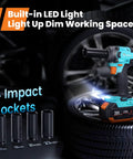 Cordless One Half Inch Impact Wrench With 20V Battery, Beast Torque Up To 5000 In-Lbs, shown with LED light and 4 sockets