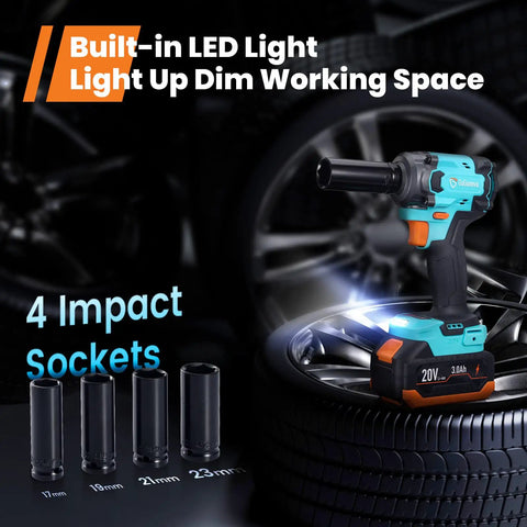 Cordless One Half Inch Impact Wrench With 20V Battery, Beast Torque Up To 5000 In-Lbs, shown with LED light and 4 sockets