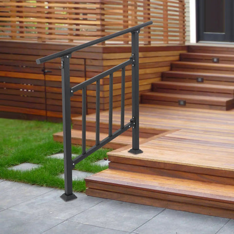 Heavy Duty Three Step Steel Stair Railing With Safety Guard Fence For Outdoor Decks And Porches, mounted on wooden steps.