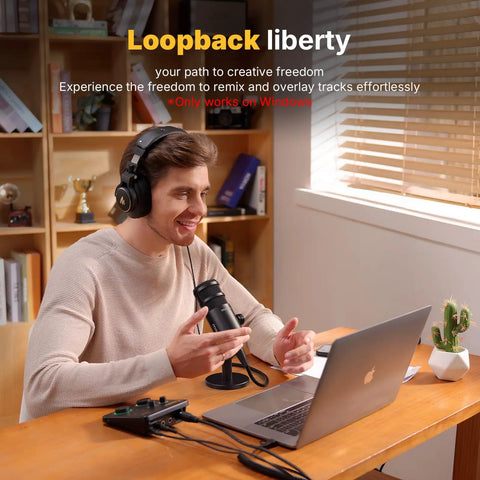 Man using USB Audio Interface With XLR Input, 24 Bit 192 kHz Recording, Loopback And ASIO Driver For PC in home studio setup