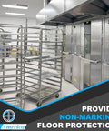 Industrial bakery with metal racks featuring 4 Inch By 1.5 Inch High Temp Green Epoxy Caster Wheels Set Of 4 for oven use.