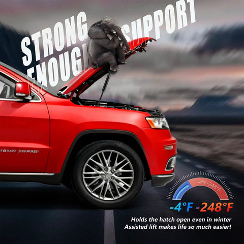 Front Hood Lift Supports for Jeep Grand Cherokee 2011 to 2020, elephant demonstrating strong support, cold temperature ratings.