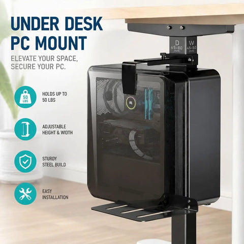 No Drill Necessary Heavy Duty Under Desk PC Mount Rock Solid CPU Holder For Standing Desk Electric Workstation with adjustable clamp.