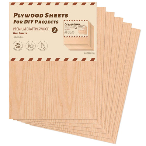 Front view of six oak plywood sheets, 12x16 inches, 1/8 inch thick, unfinished craft wood for DIY projects