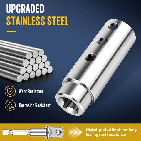 High Performance Trailer Jack Drill Adapter With 1 Inch Drive Shaft and Half Inch Socket Size for RV and Truck Campers, stainless steel finish.