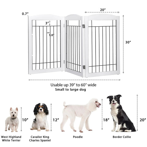 Dimensions of Freestanding Wire And Wood Pet Gate For Dogs, 60 Inches Wide By 30 Inches Tall, 3 Panels, White, Folding Expandable Puppy Safety Fence