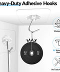 Heavy Duty Adhesive Wall Hooks 12 Pack Clear Rust Resistant Stainless Steel Sticky Hangers holding 44 lb weight with rotatable hook.