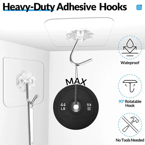 Heavy Duty Adhesive Wall Hooks 12 Pack Clear Rust Resistant Stainless Steel Sticky Hangers holding 44 lb weight with rotatable hook.