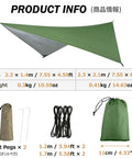 Waterproof Camping Tarp Rain Fly With UV Block Sunshade Canopy, green 210T polyester tarp displayed with accessories.