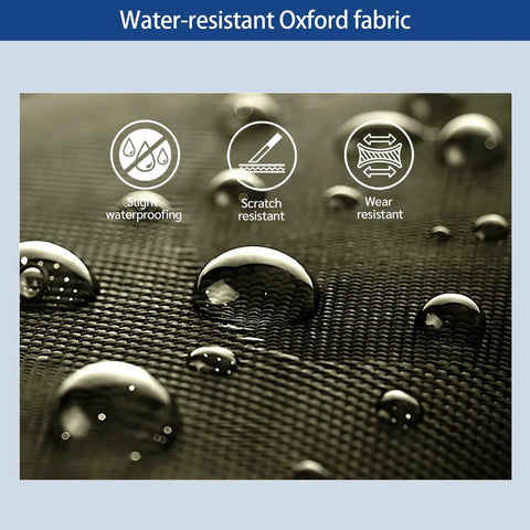 Water-resistant Oxford fabric close-up used in Expandable To 140L Duffle Bag With 2 Beefy Wheels, showing durability icons.