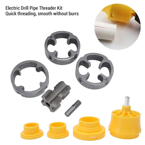 ZJchao PVC Pipe Threader Kit With 3 Dies For 1/2 3/4 And 1 Inch Plastic Pipes showing reusable round dies and accessories.