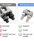 Comparison of zinc plated and 304 stainless steel wire rope clamp. Zinc plated rusts, 304 is rustproof and suitable for wet conditions.