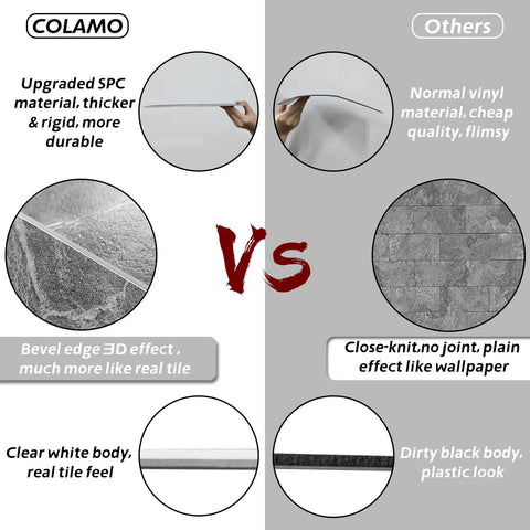 Comparison of dark gray peel and stick floor tile set with faux marble look showing durability, realistic veins, and shade variations.