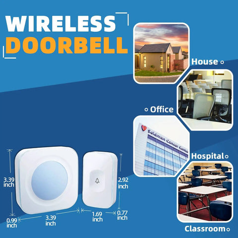 Dope Long Range Wireless Doorbell Kit With 1200 Feet Reach, Waterproof Receiver System shown with home, office, hospital, and classroom