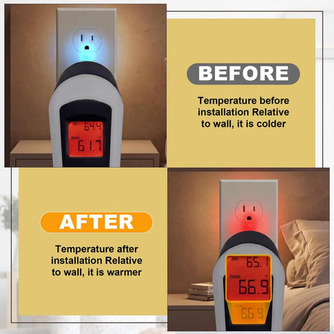 Image showing before and after temperature changes using 46 Pack Outlet and Wall Plates Insulation Sealer Set for Weatherproofing and Energy Saving.
